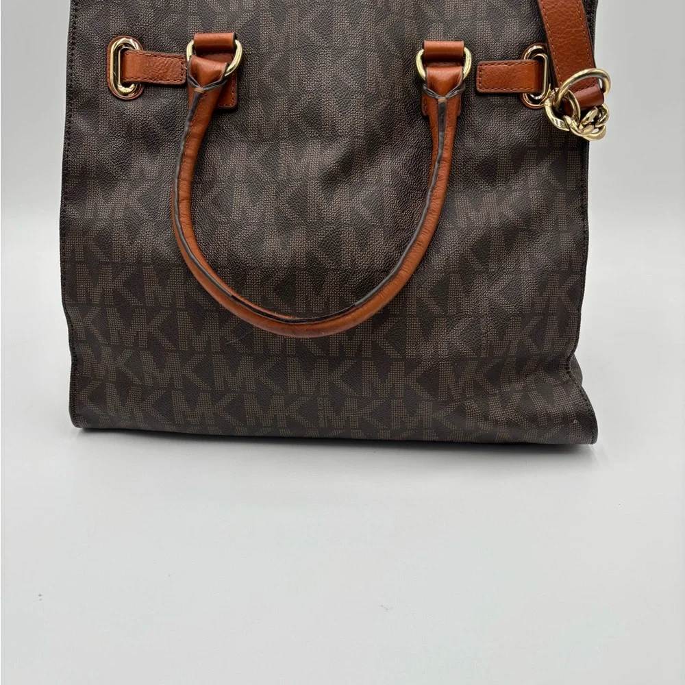 Michael Kors Hamilton Large Brown MK Logo Tote Bag Gold Chain Leather Trim‎ Bag